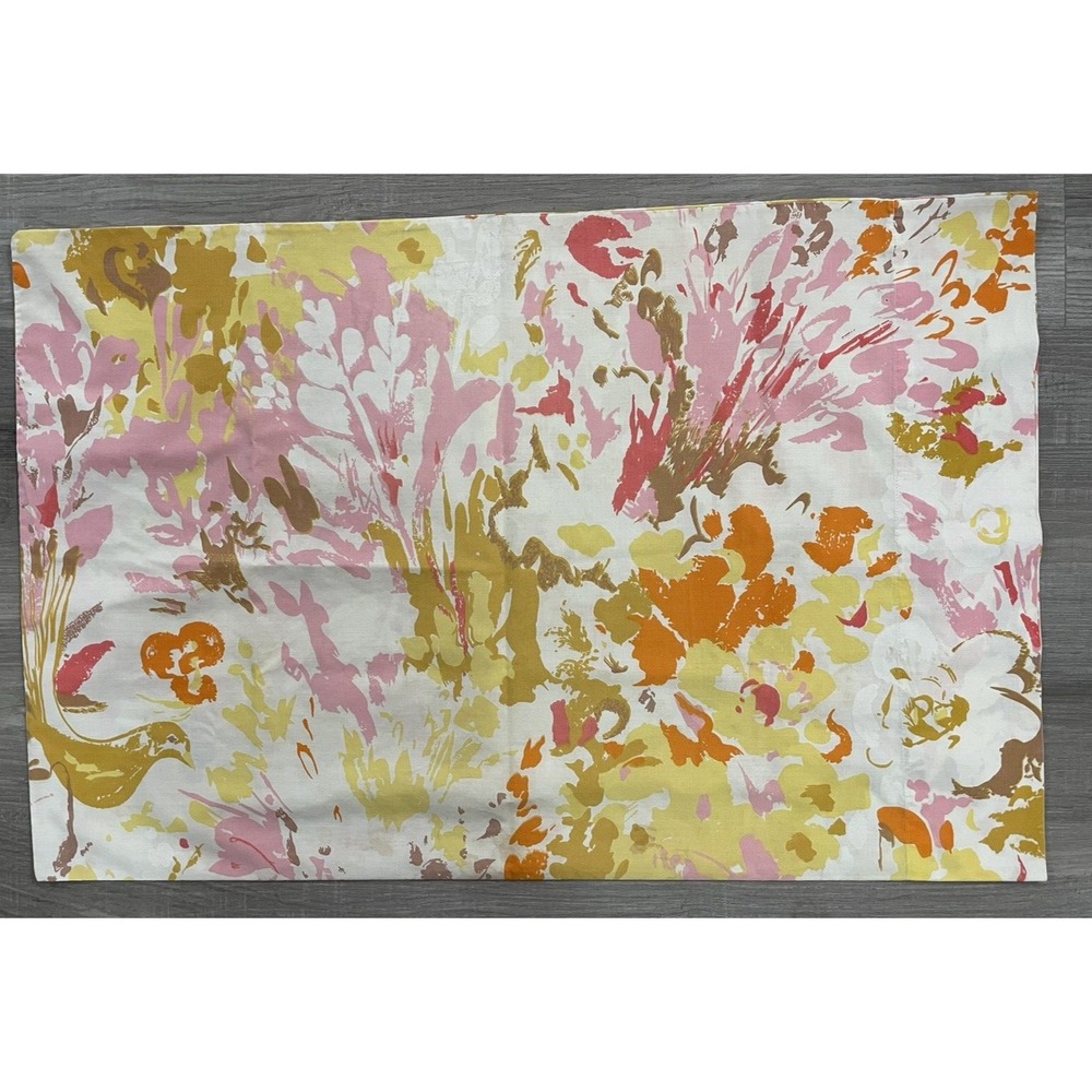 Vintage 1970's Standard Pillowcase Pink Orange Yellow Bird Flowers